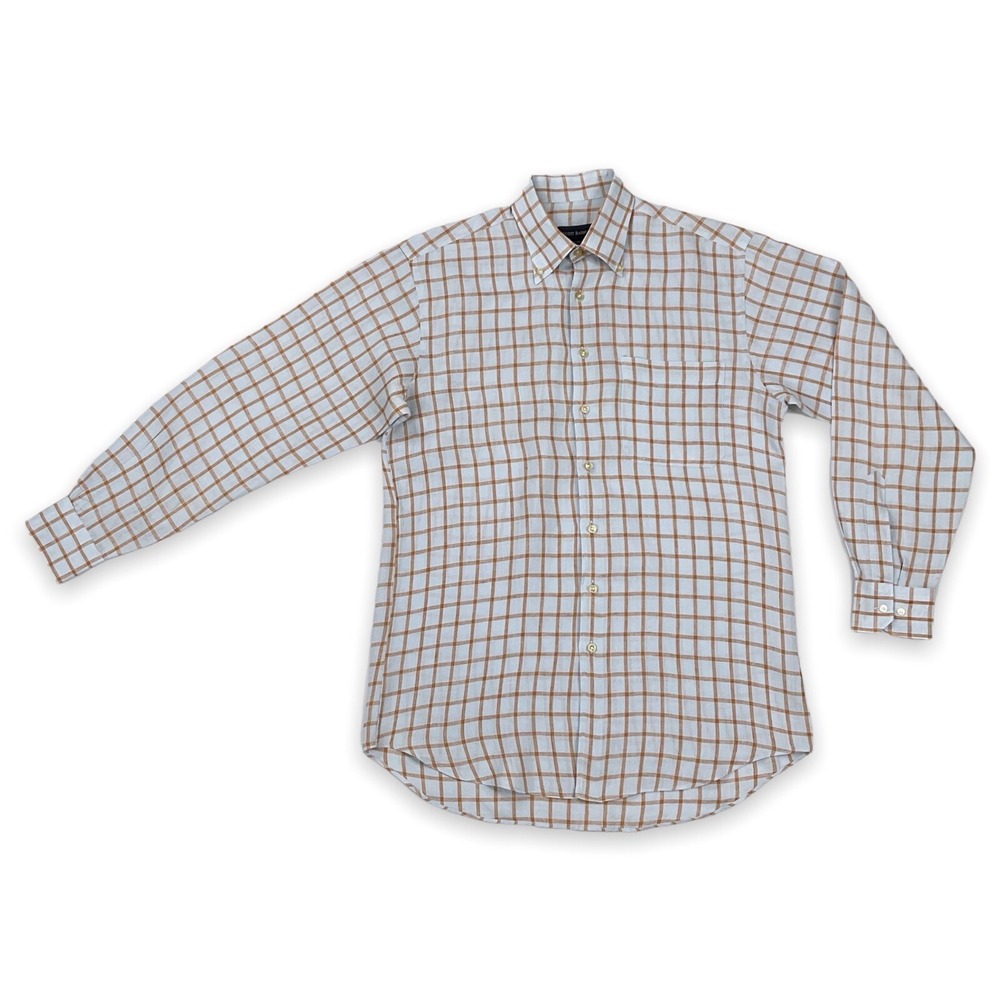 Scott Barber Shirt Men Medium Long Sleeve Button Down Plaid Linen Blue Check